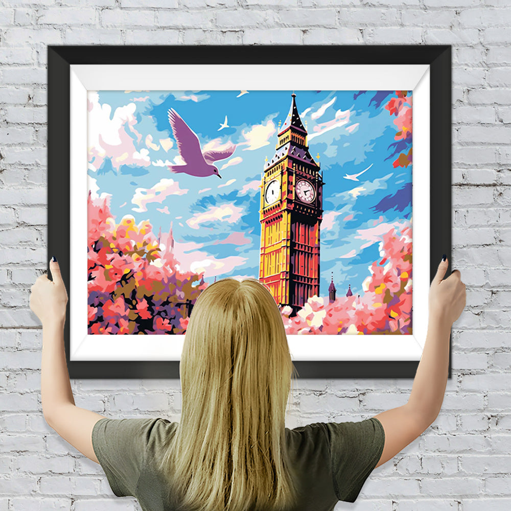 Rosa Blumen und Big Ben Diamond Painting