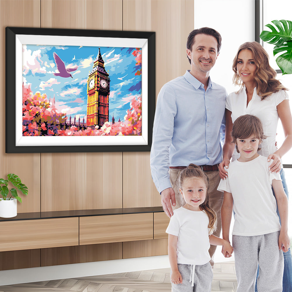 Rosa Blumen und Big Ben Diamond Painting