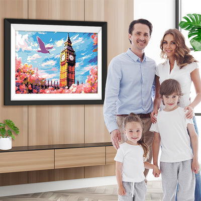 Rosa Blumen und Big Ben Diamond Painting