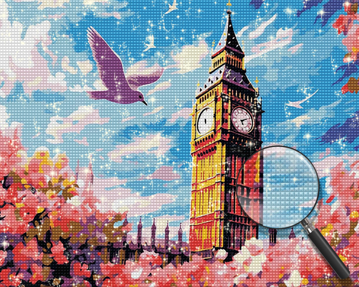 Rosa Blumen und Big Ben Diamond Painting