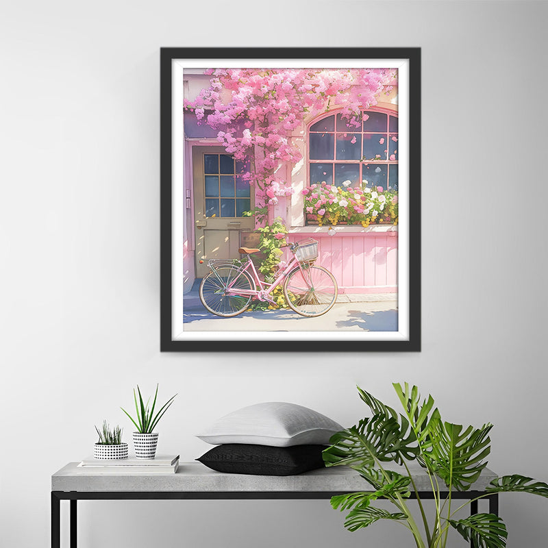 Rosa Blumen und rosa Fahrrad Diamond Painting