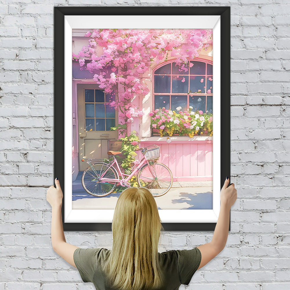 Rosa Blumen und rosa Fahrrad Diamond Painting