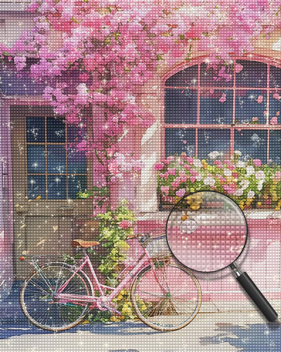 Rosa Blumen und rosa Fahrrad Diamond Painting