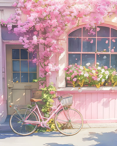 Rosa Blumen und rosa Fahrrad Diamond Painting