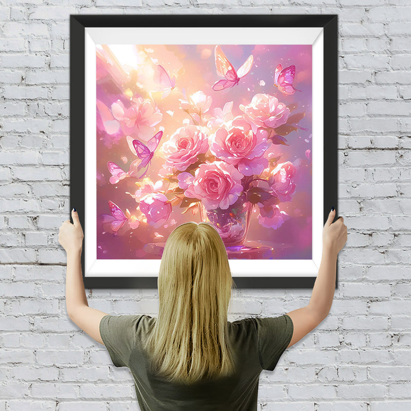 Rosa Blumen und Schmetterlinge Diamond Painting