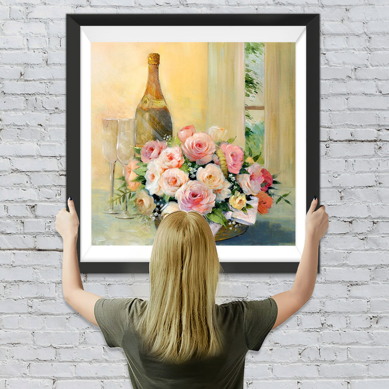 Rosa Blumen und Wein Diamond Painting