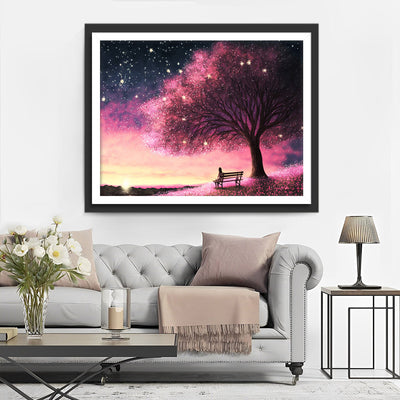 Rosa Blumenfeld unter Blumenbäumen bei Nacht Diamond Painting