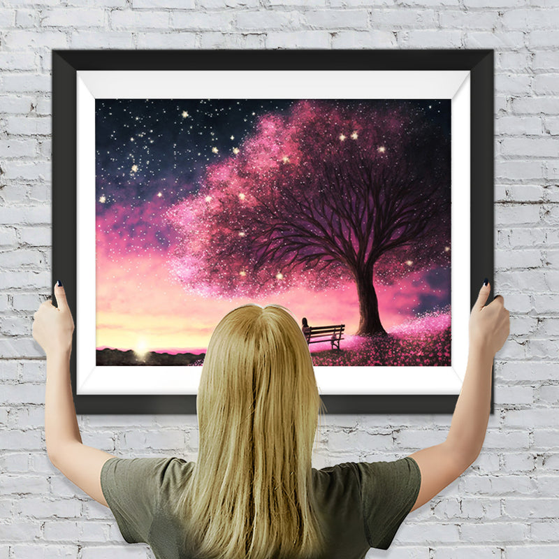 Rosa Blumenfeld unter Blumenbäumen bei Nacht Diamond Painting