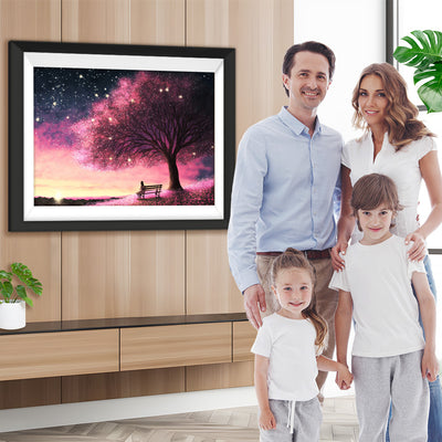 Rosa Blumenfeld unter Blumenbäumen bei Nacht Diamond Painting