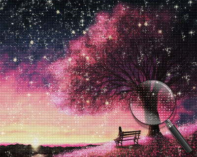 Rosa Blumenfeld unter Blumenbäumen bei Nacht Diamond Painting