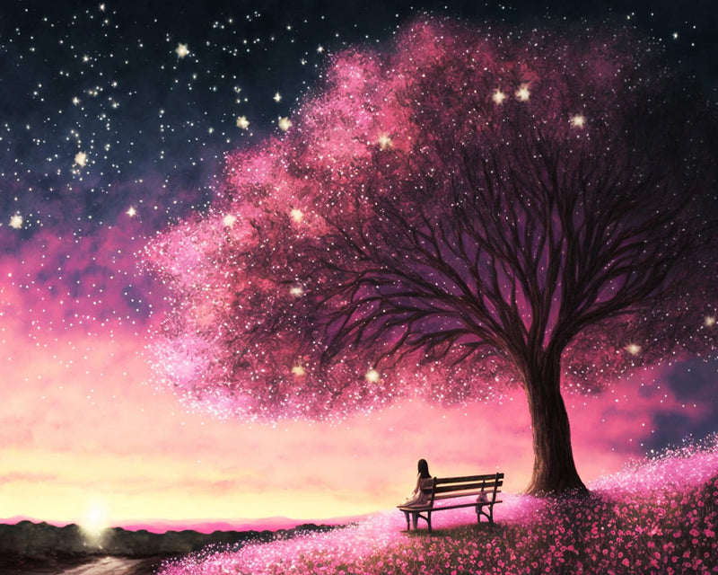 Rosa Blumenfeld unter Blumenbäumen bei Nacht Diamond Painting
