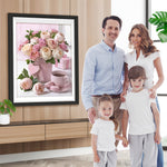 Rosa Blumenstrauß, Kaffee und Geschenk Diamond Painting