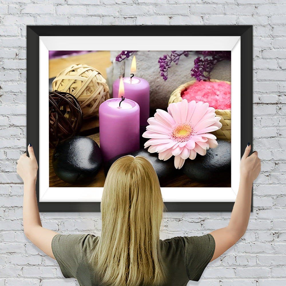 Rosa Chrysantheme, Steine und Kerzen Diamond Painting