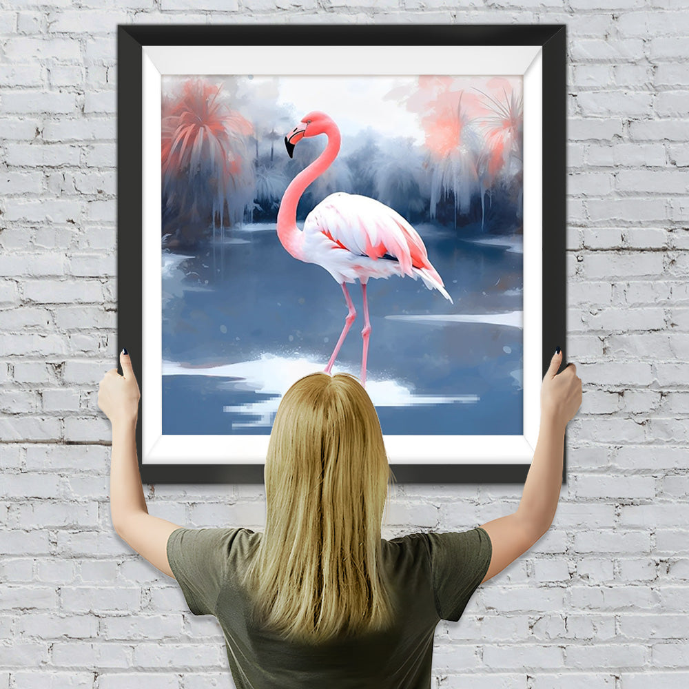 Rosa Flamingo auf dem See im Winter Diamond Painting