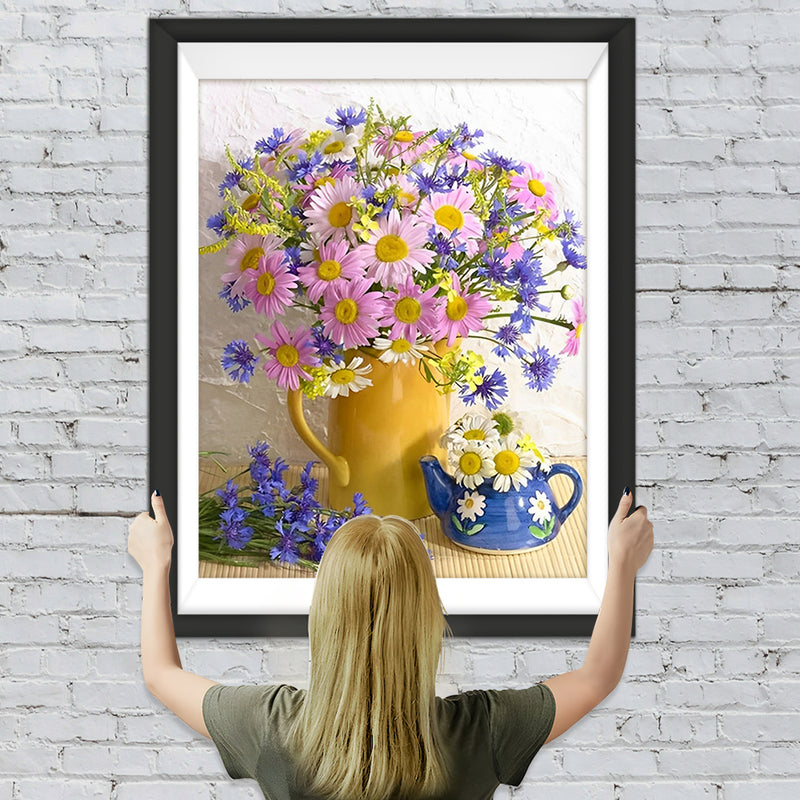 Rosa Gänseblümchen in der gelben Vase Diamond Painting