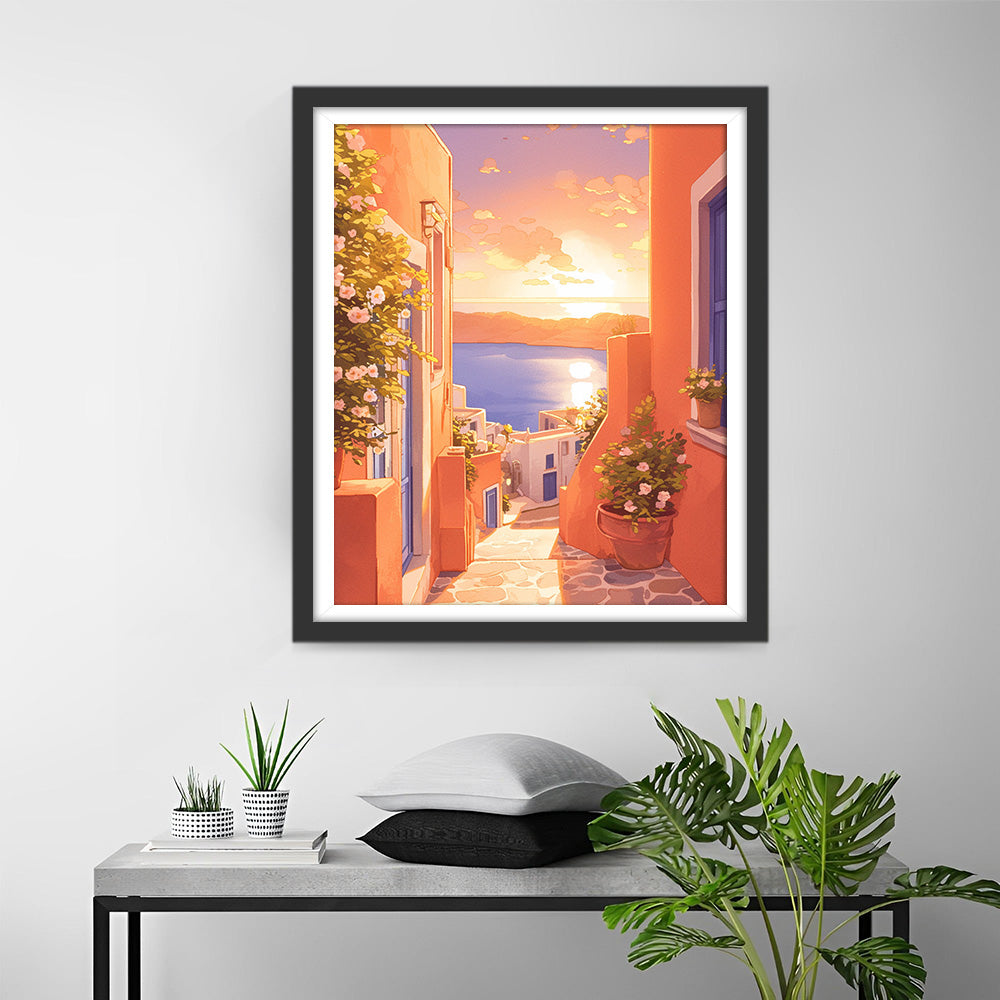 Rosa Gebäude am Meer Diamond Painting