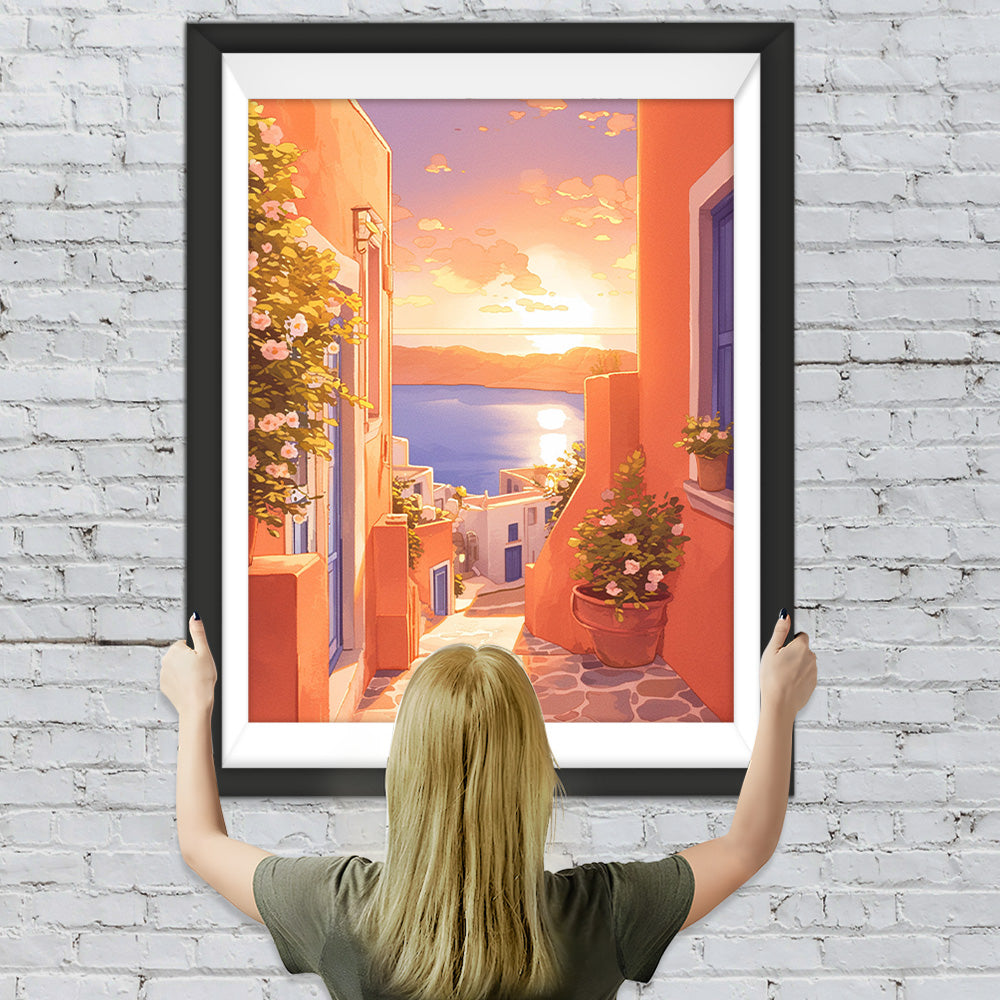 Rosa Gebäude am Meer Diamond Painting