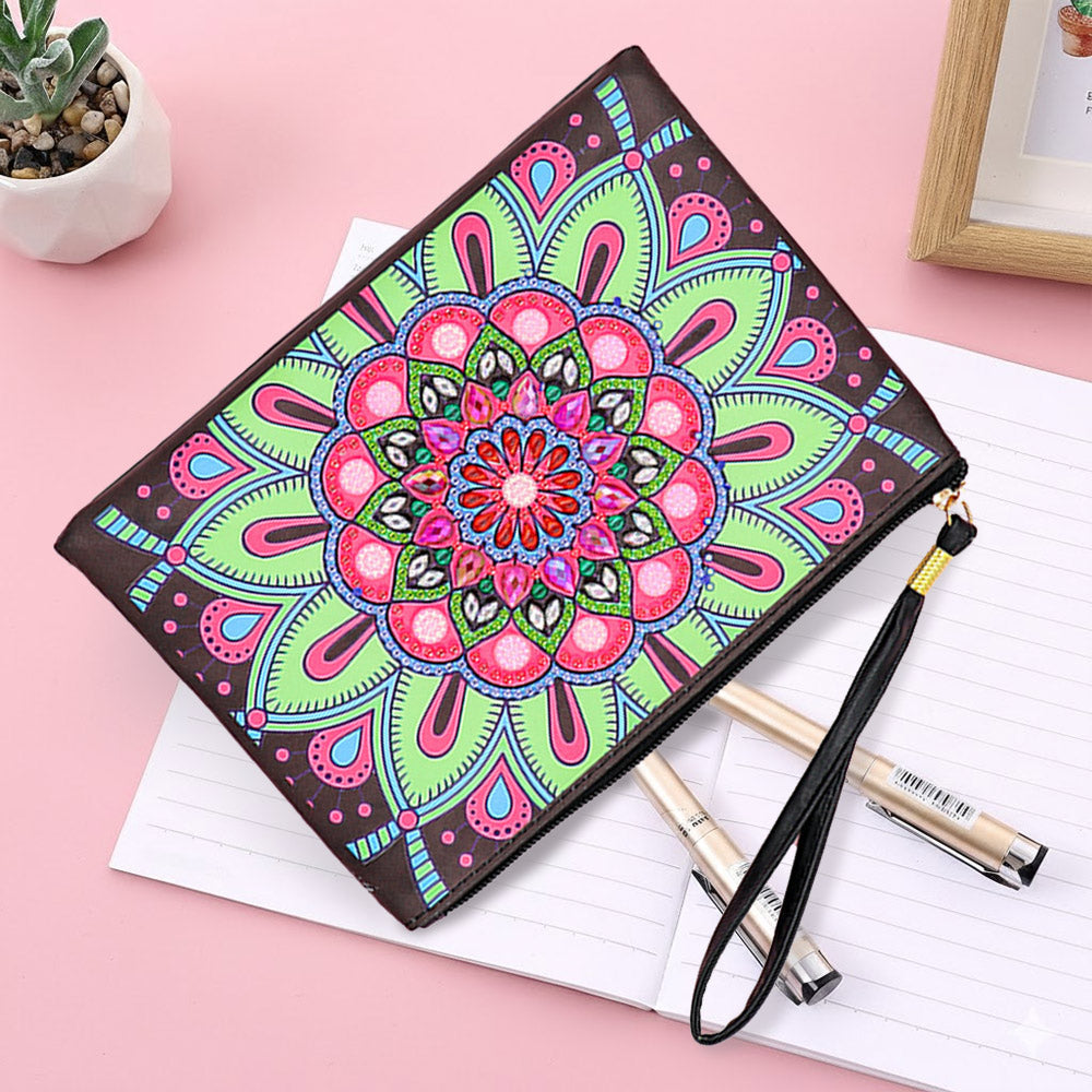 Rosa-grünes Lotus Mandala Diamond Painting Handgelenktasche