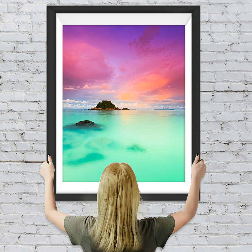 Rosa Himmel und grüner See Diamond Painting