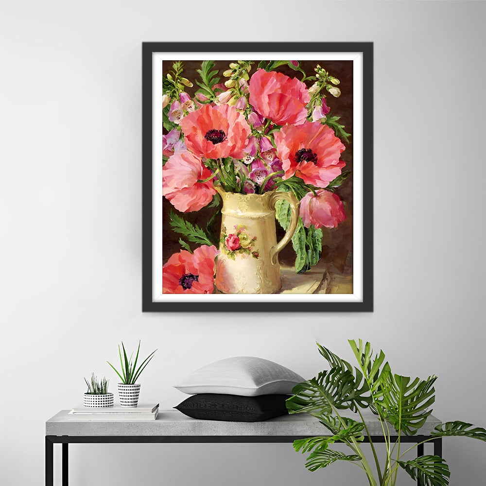 Rosa Mohnblumen in gelber Vase Diamond Painting