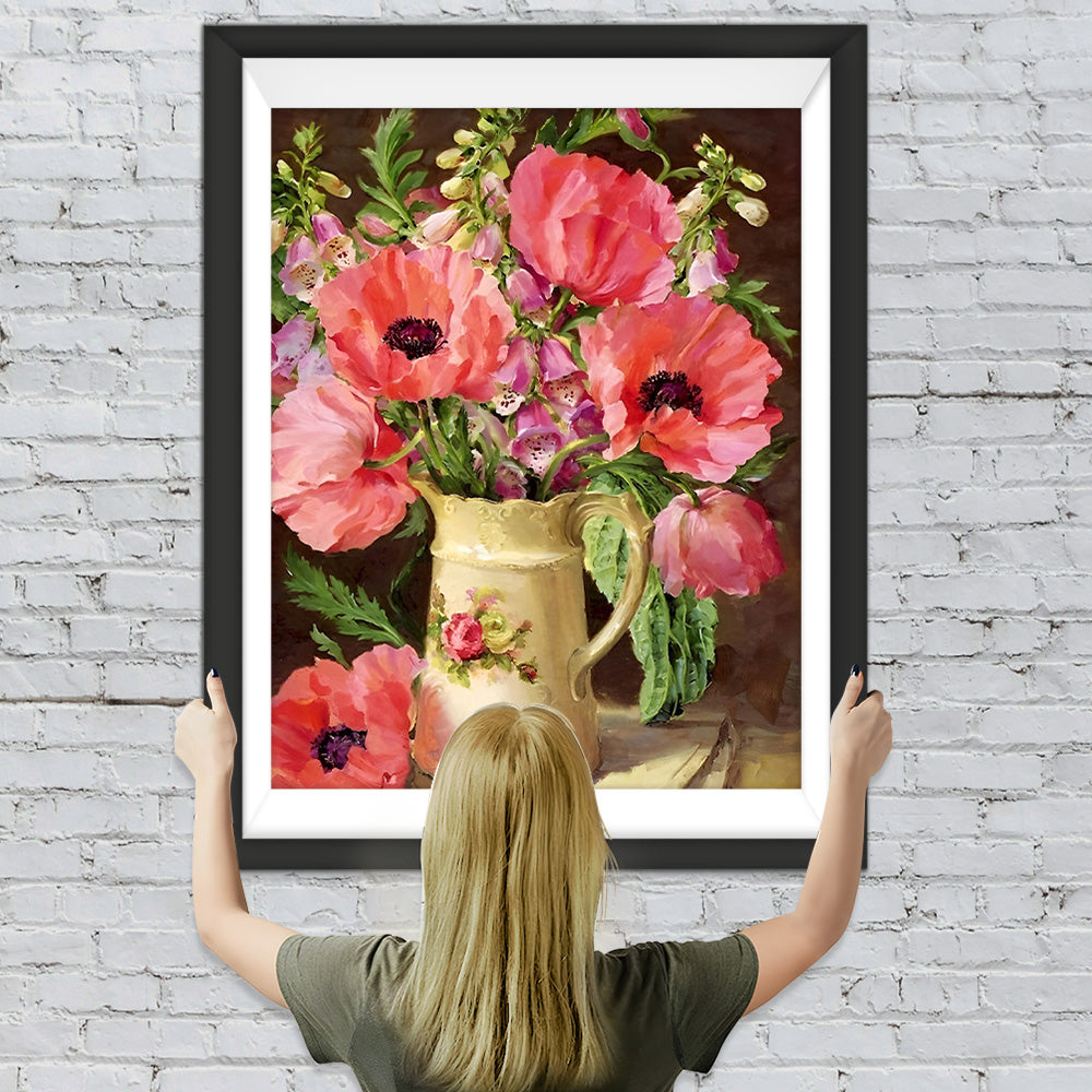 Rosa Mohnblumen in gelber Vase Diamond Painting