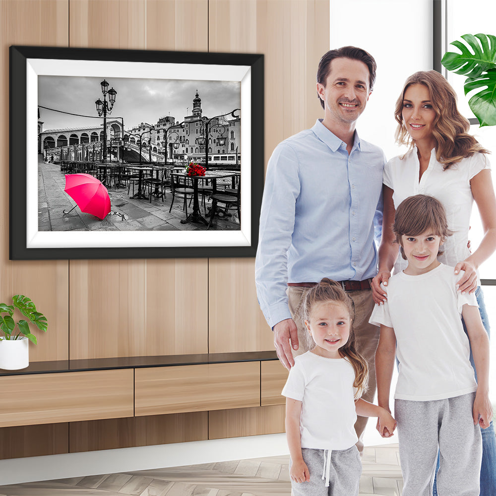 Rosa Regenschirm in der Stadt Diamond Painting