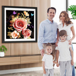 Rosa Rosen, goldene Blätter und Schmetterlinge Diamond Painting