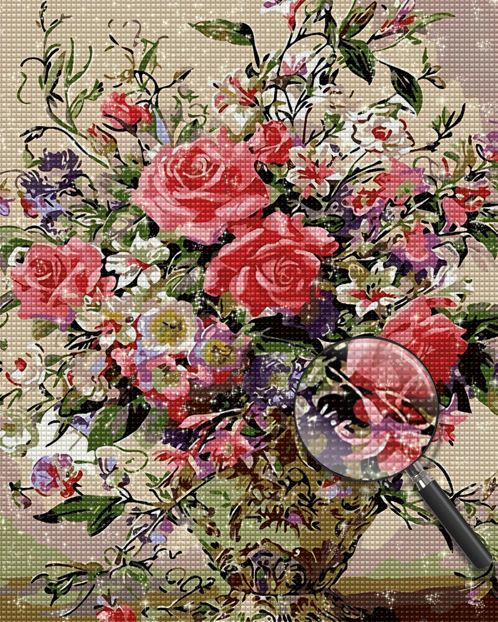 Rosa Rosen in Retro-Vase Diamond Painting