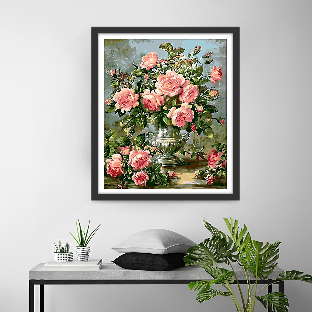 Rosa Rosen in silberner Vase Diamond Painting