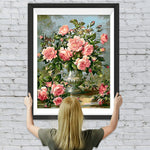 Rosa Rosen in silberner Vase Diamond Painting