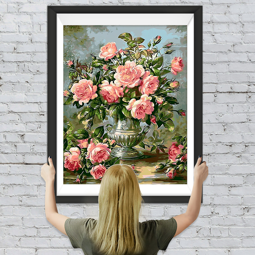 Rosa Rosen in silberner Vase Diamond Painting