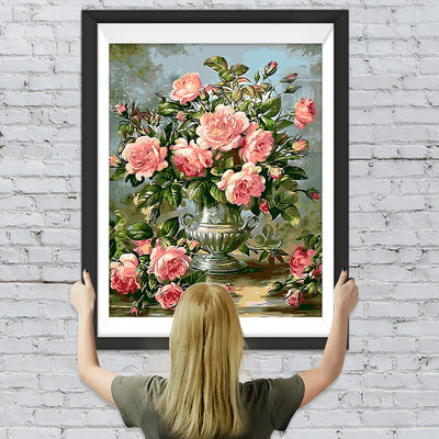Rosa Rosen in silberner Vase Diamond Painting