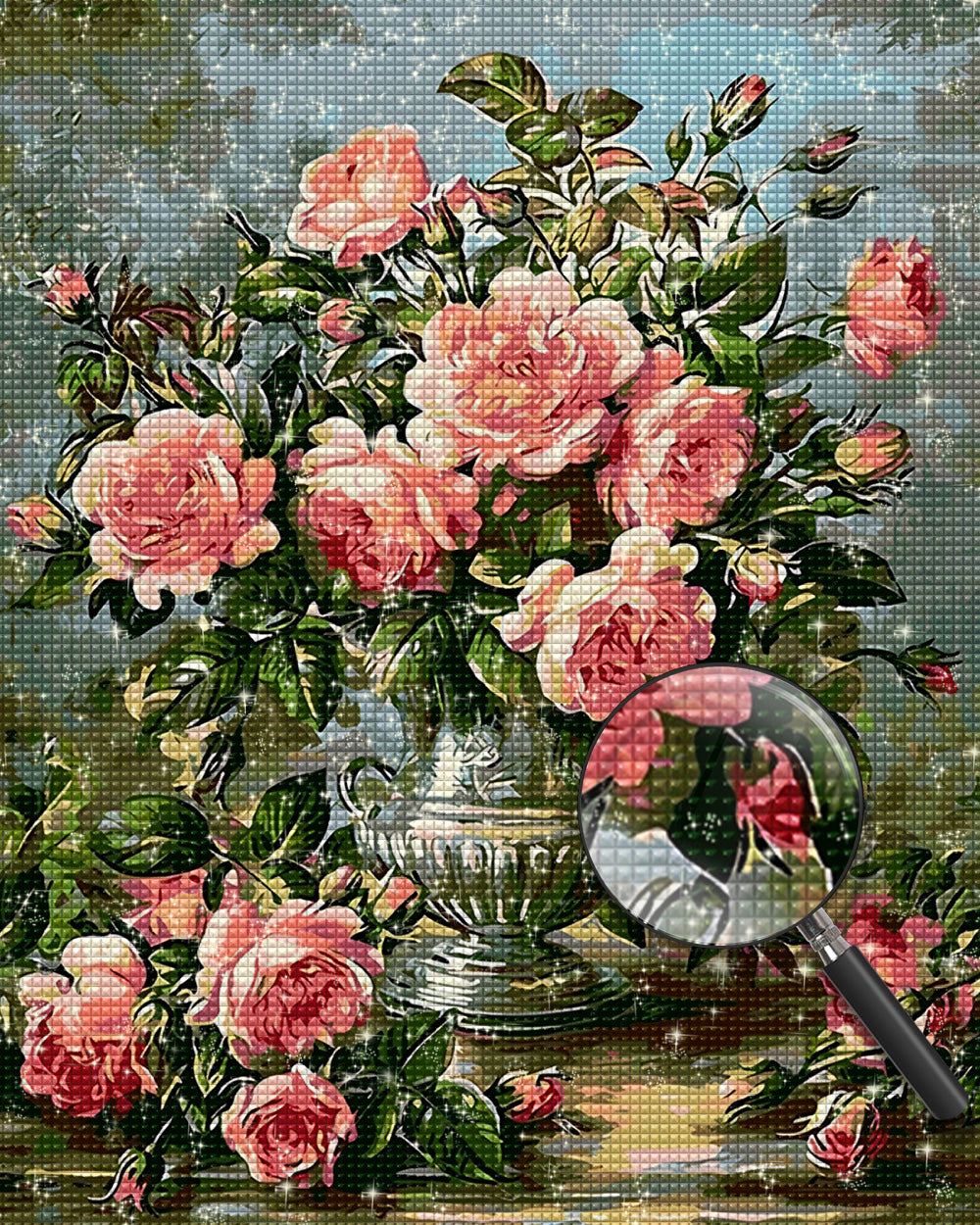 Rosa Rosen in silberner Vase Diamond Painting