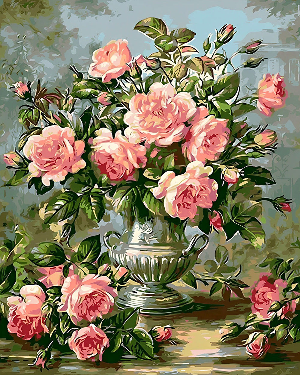 Rosa Rosen in silberner Vase Diamond Painting