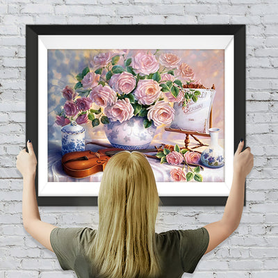 Rosa Rosen, Porzellan und Geige Diamond Painting