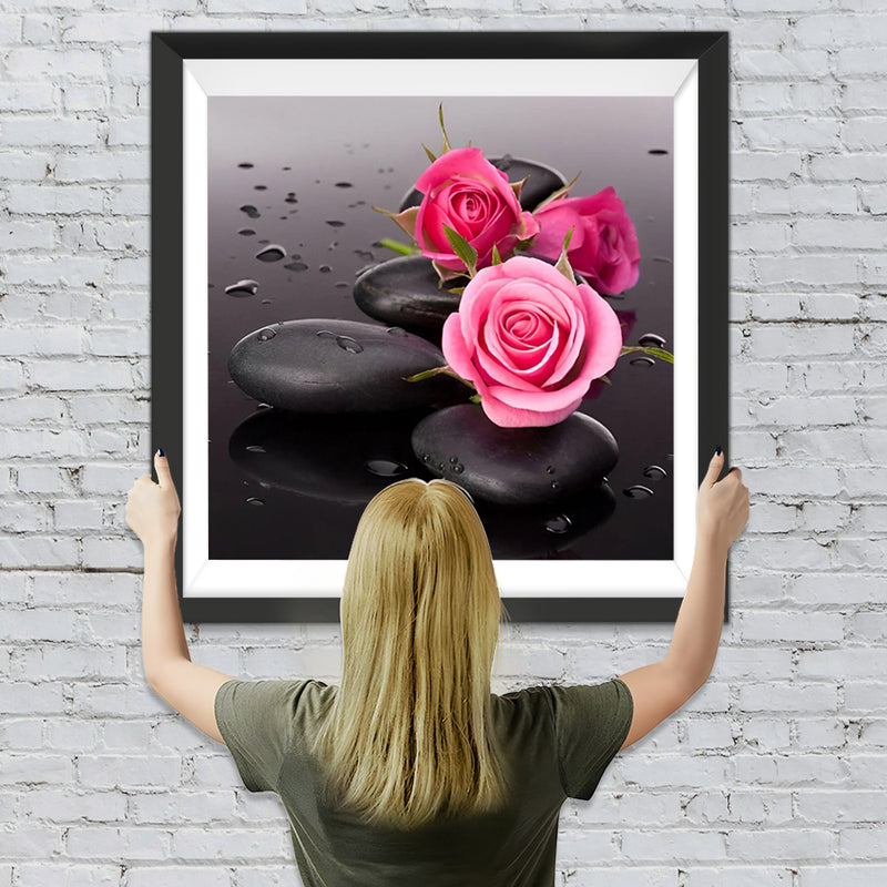 Rosa Rosen und schwarze Steine Diamond Painting