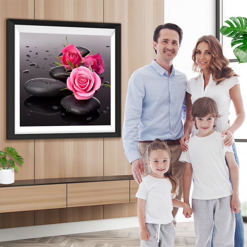 Rosa Rosen und schwarze Steine Diamond Painting