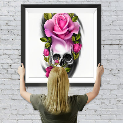 Rosa Rosen und Totenkopf Diamond Painting