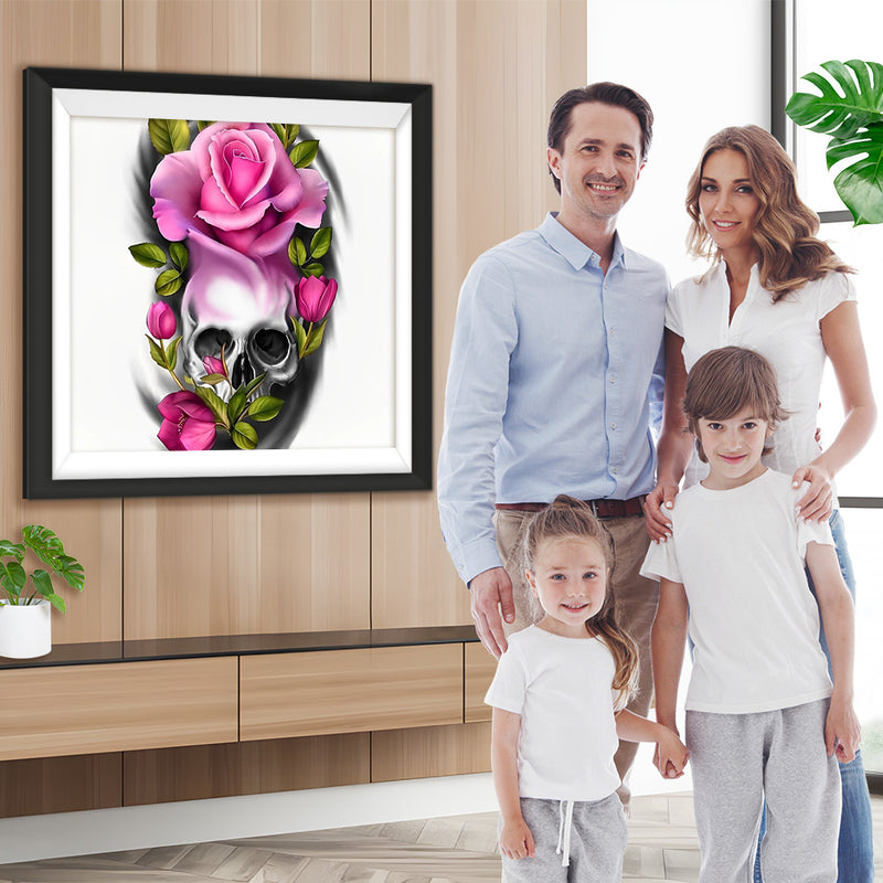 Rosa Rosen und Totenkopf Diamond Painting