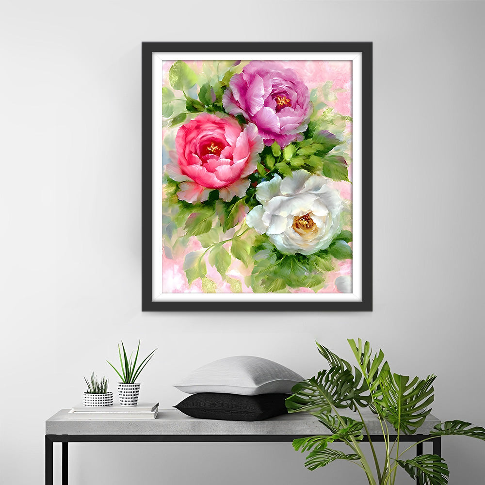 Rosa, rote und weiße Pfingstrosen Diamond Painting