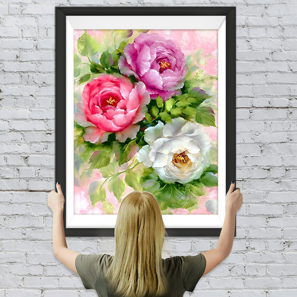 Rosa, rote und weiße Pfingstrosen Diamond Painting