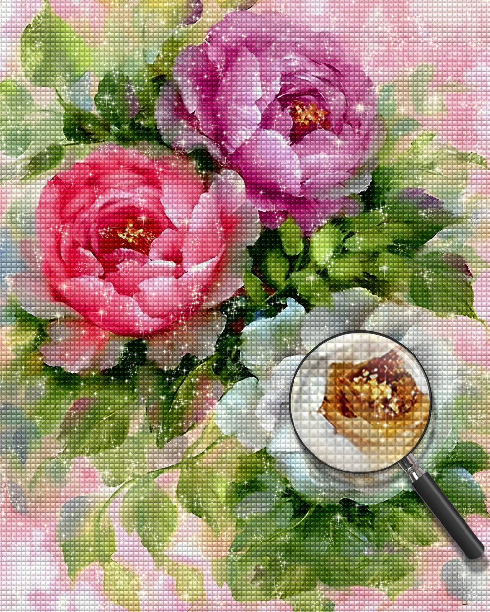 Rosa, rote und weiße Pfingstrosen Diamond Painting