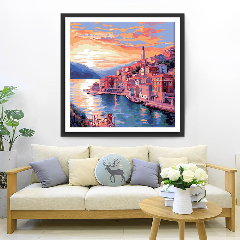 Rosa Stadt am Meer Diamond Painting