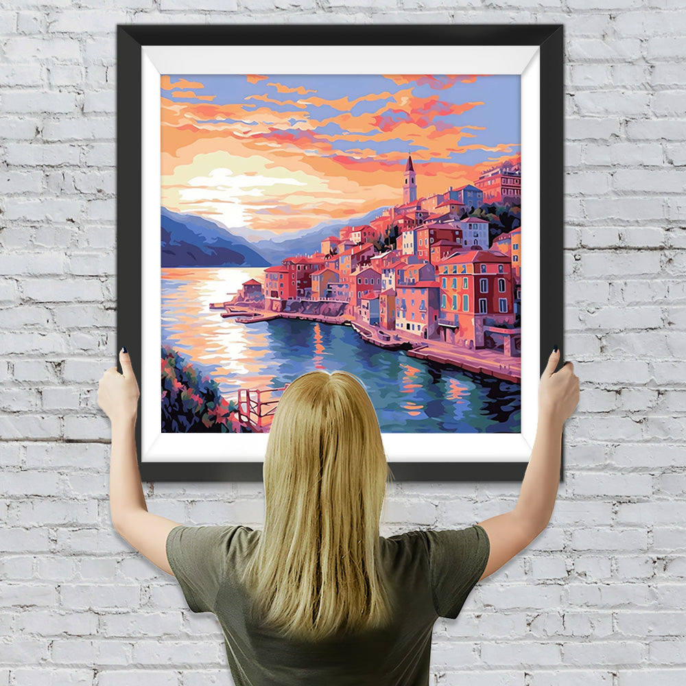 Rosa Stadt am Meer Diamond Painting