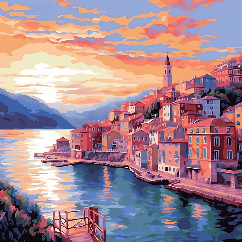Rosa Stadt am Meer Diamond Painting