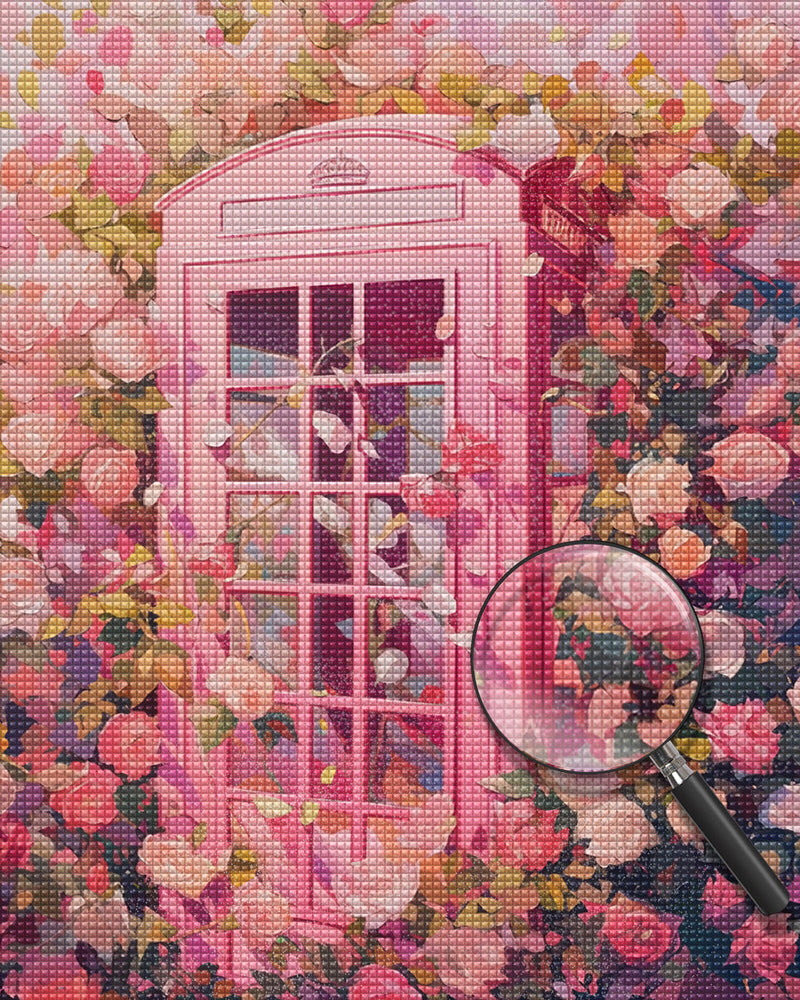 Rosa Telefonzelle und Blumen Diamond Painting