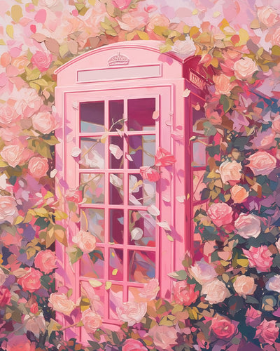 Rosa Telefonzelle und Blumen Diamond Painting