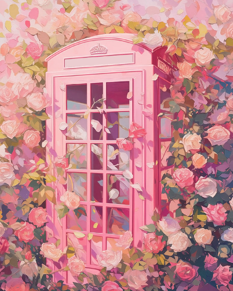 Rosa Telefonzelle und Blumen Diamond Painting