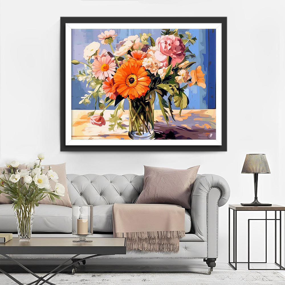 Rosa und orange Blumen in Glasvase Diamond Painting