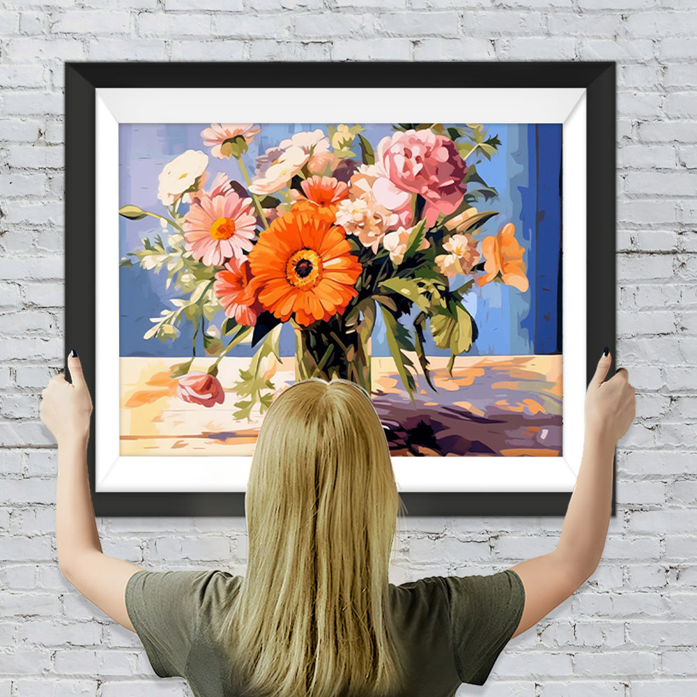 Rosa und orange Blumen in Glasvase Diamond Painting